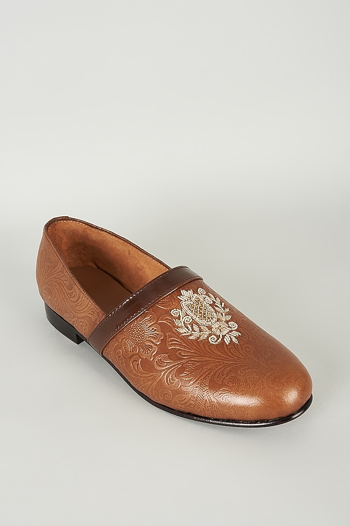 Tan Embossed Leather Cutdana Embroidered Loafers by ARTIMEN at Pernia's Pop Up Shop