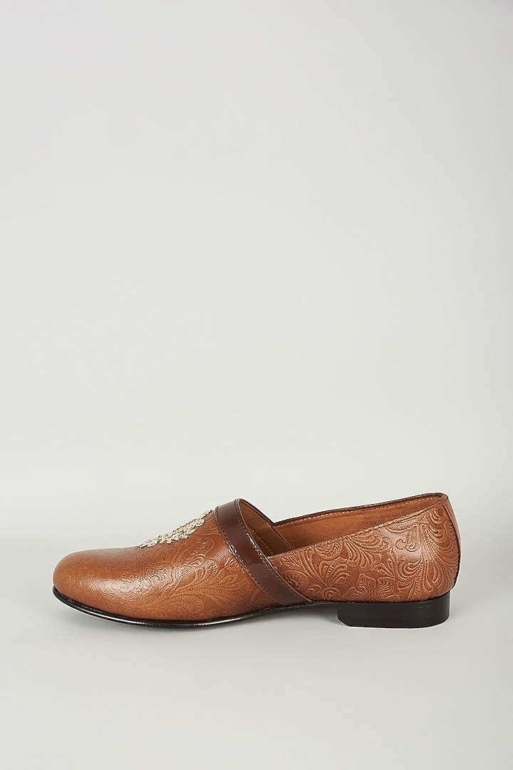 Tan Embossed Leather Cutdana Embroidered Loafers by ARTIMEN at Pernia's Pop Up Shop