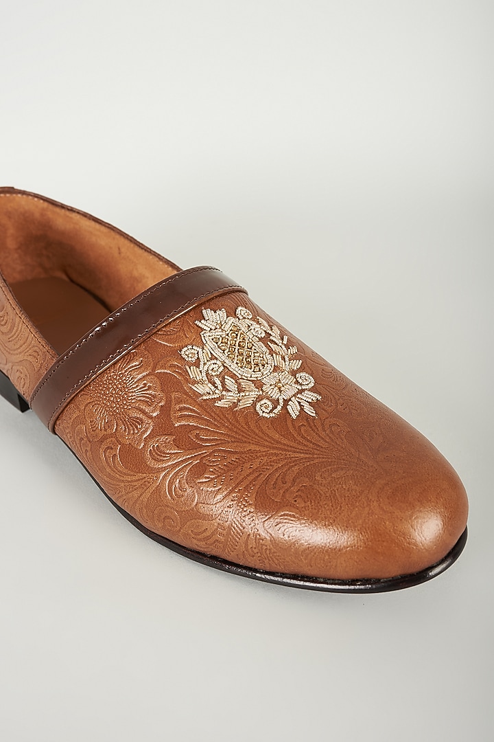 Tan Embossed Leather Cutdana Embroidered Loafers by ARTIMEN at Pernia's Pop Up Shop
