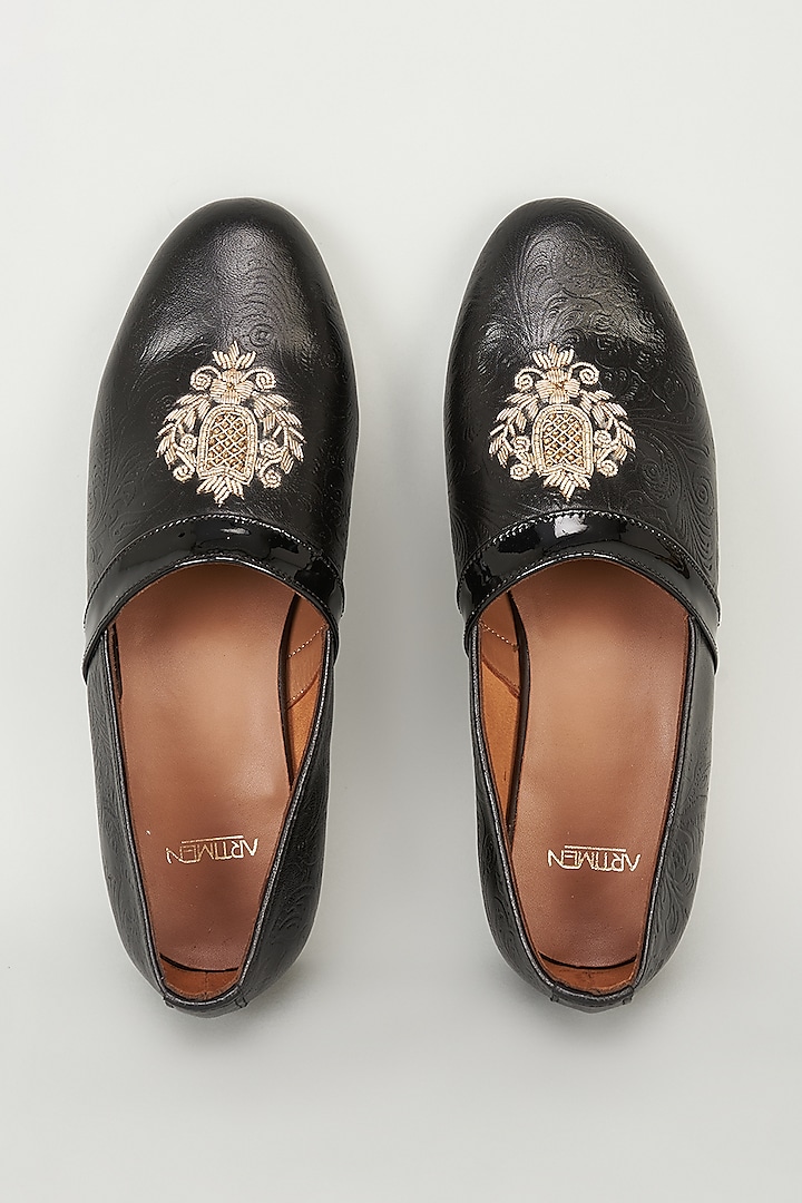 Black Embossed Leather Cutdana Embroidered Loafers by ARTIMEN