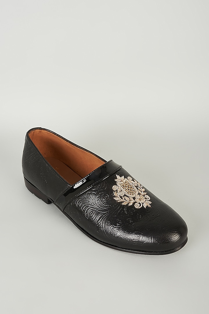 Black Embossed Leather Cutdana Embroidered Loafers by ARTIMEN at Pernia's Pop Up Shop