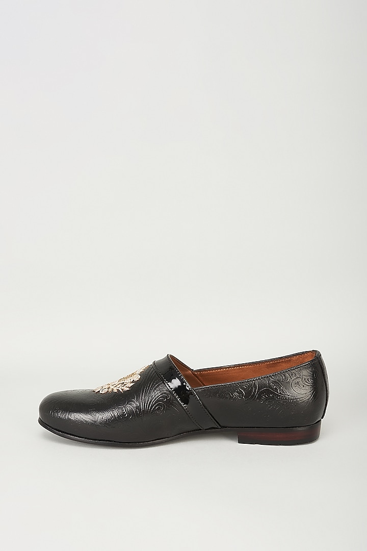 Black Embossed Leather Cutdana Embroidered Loafers by ARTIMEN at Pernia's Pop Up Shop