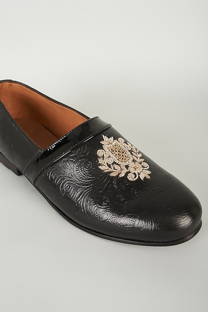 Black Embossed Leather Cutdana Embroidered Loafers by ARTIMEN at Pernia's Pop Up Shop
