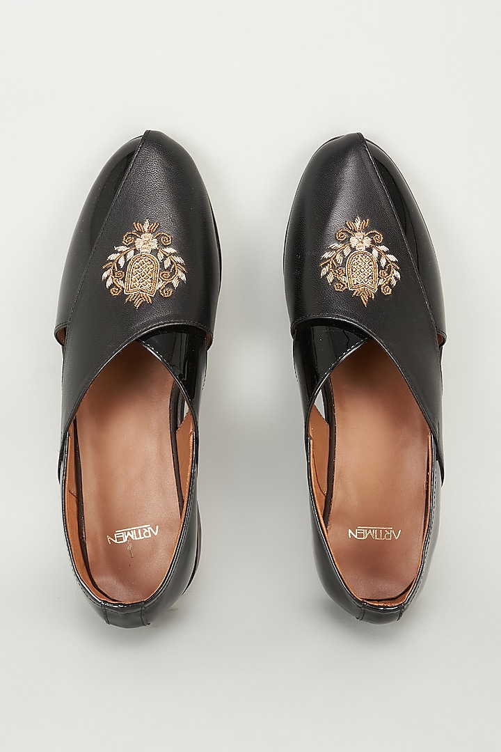 Black Leather Hand Embroidered Peshawari Shoes by ARTIMEN