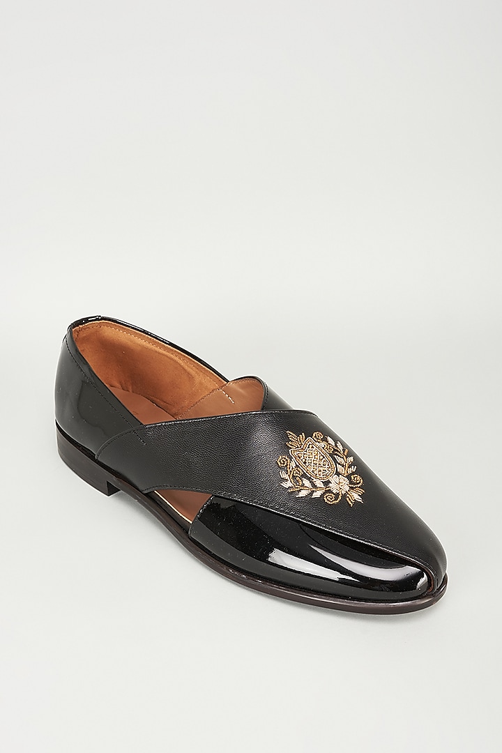 Black Leather Hand Embroidered Peshawari Shoes by ARTIMEN at Pernia's Pop Up Shop