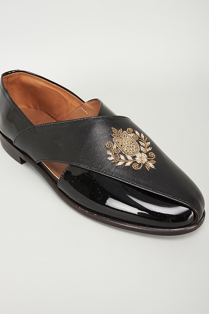 Black Leather Hand Embroidered Peshawari Shoes by ARTIMEN at Pernia's Pop Up Shop