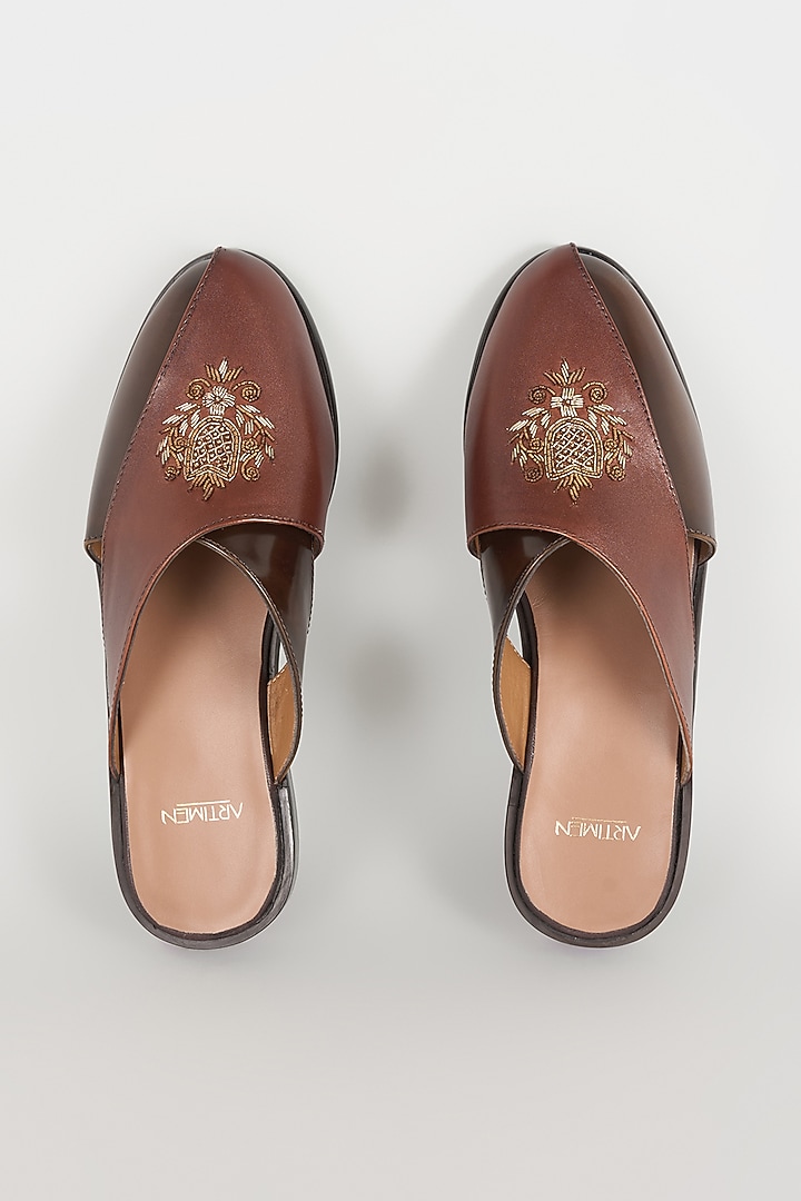 Brown Leather Mules by ARTIMEN at Pernia's Pop Up Shop