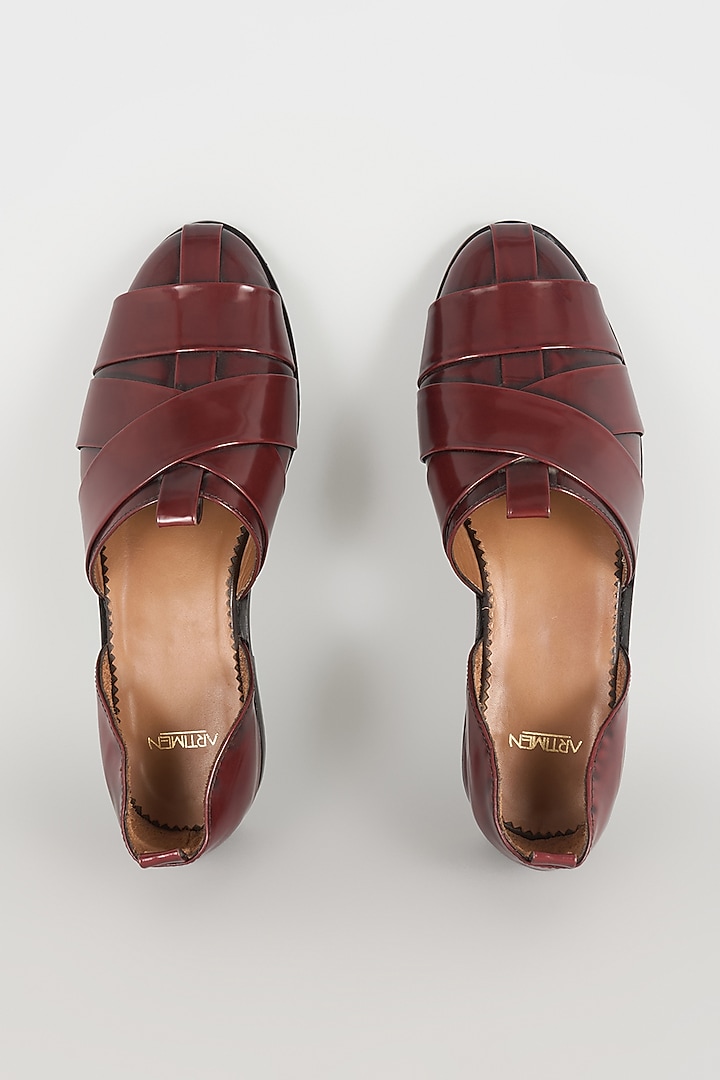 Burnt Cherry-Colored Leather Mojaris by ARTIMEN at Pernia's Pop Up Shop