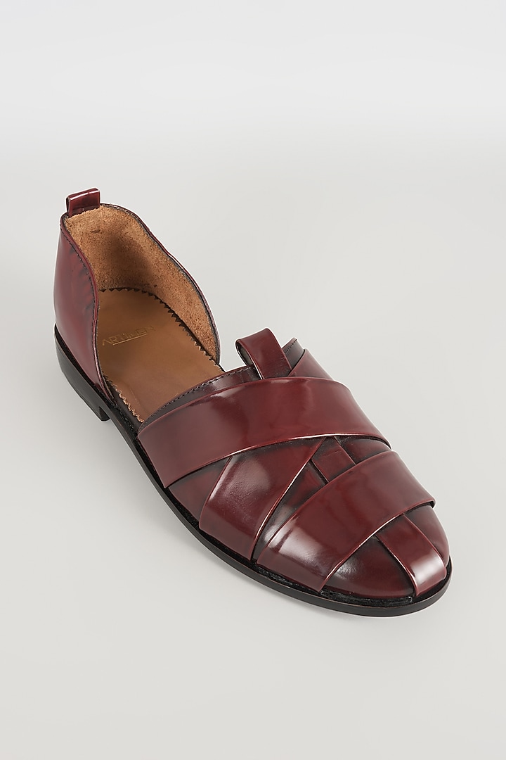 Burnt Cherry-Colored Leather Mojaris by ARTIMEN at Pernia's Pop Up Shop