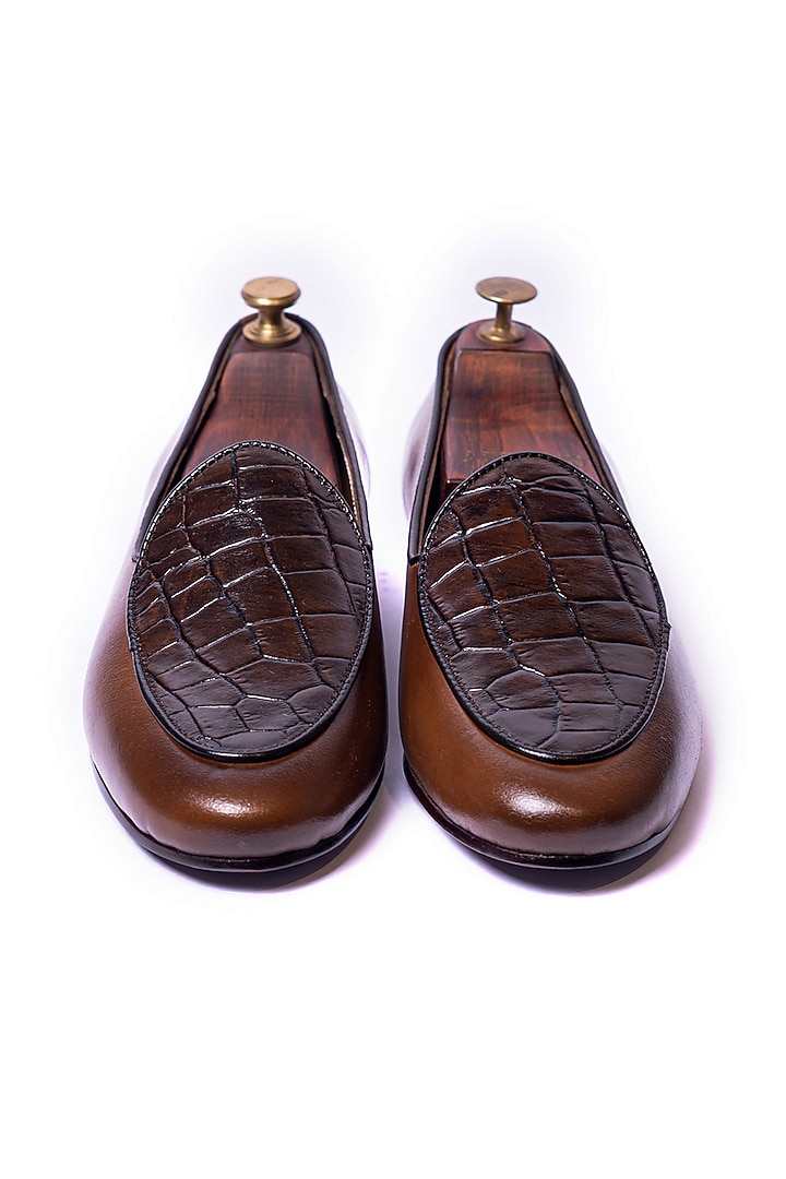Brown Leather Crocodile Embossed Loafers by ARTIMEN at Pernia's Pop Up Shop