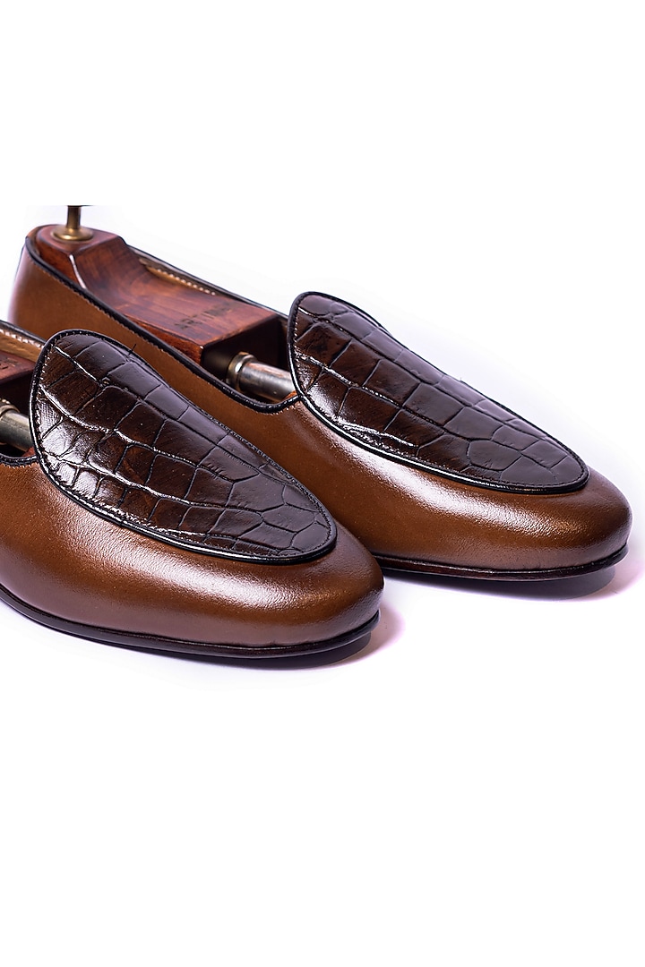 Brown Leather Crocodile Embossed Loafers by ARTIMEN at Pernia's Pop Up Shop