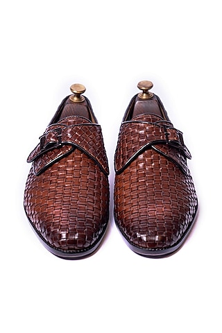 Burnt Tan Woven Leather Loafers by ARTIMEN