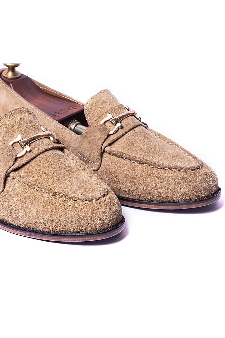 Beige Handcrafted Suede Loafers by ARTIMEN at Pernia's Pop Up Shop