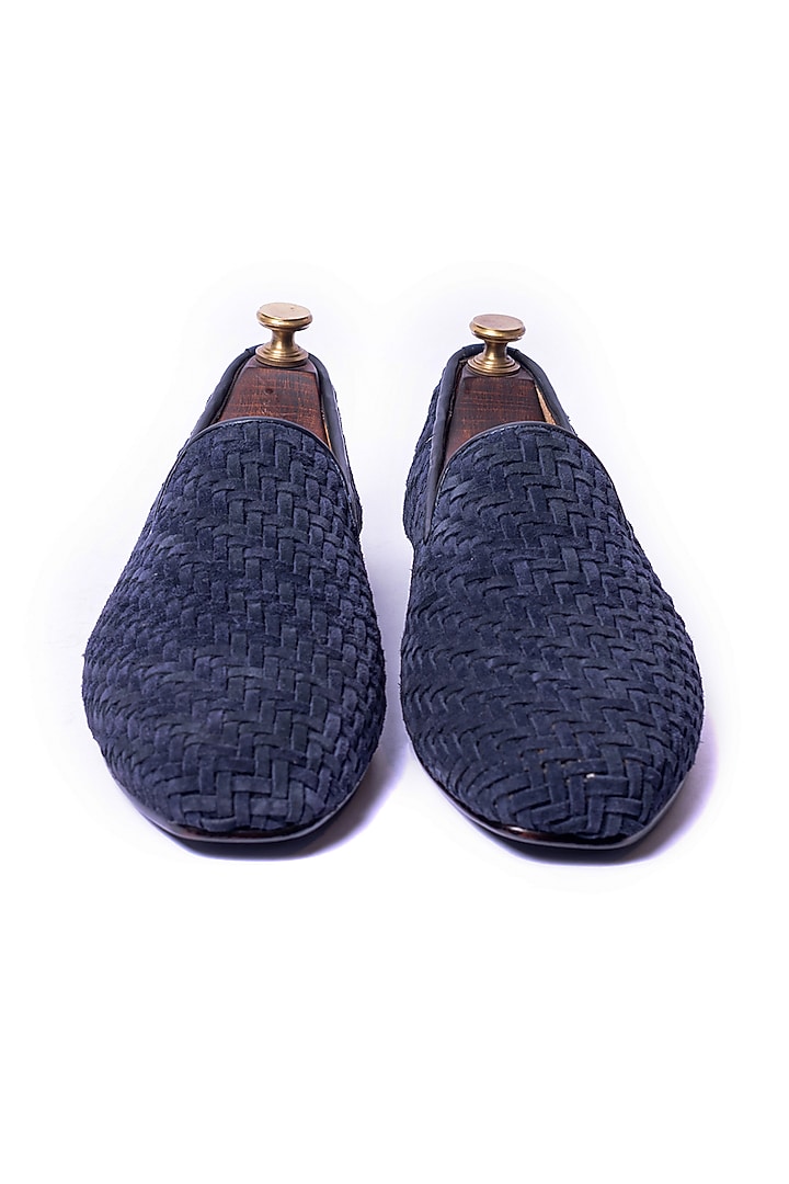 Ink Blue Suede Woven Leather Loafers by ARTIMEN at Pernia's Pop Up Shop