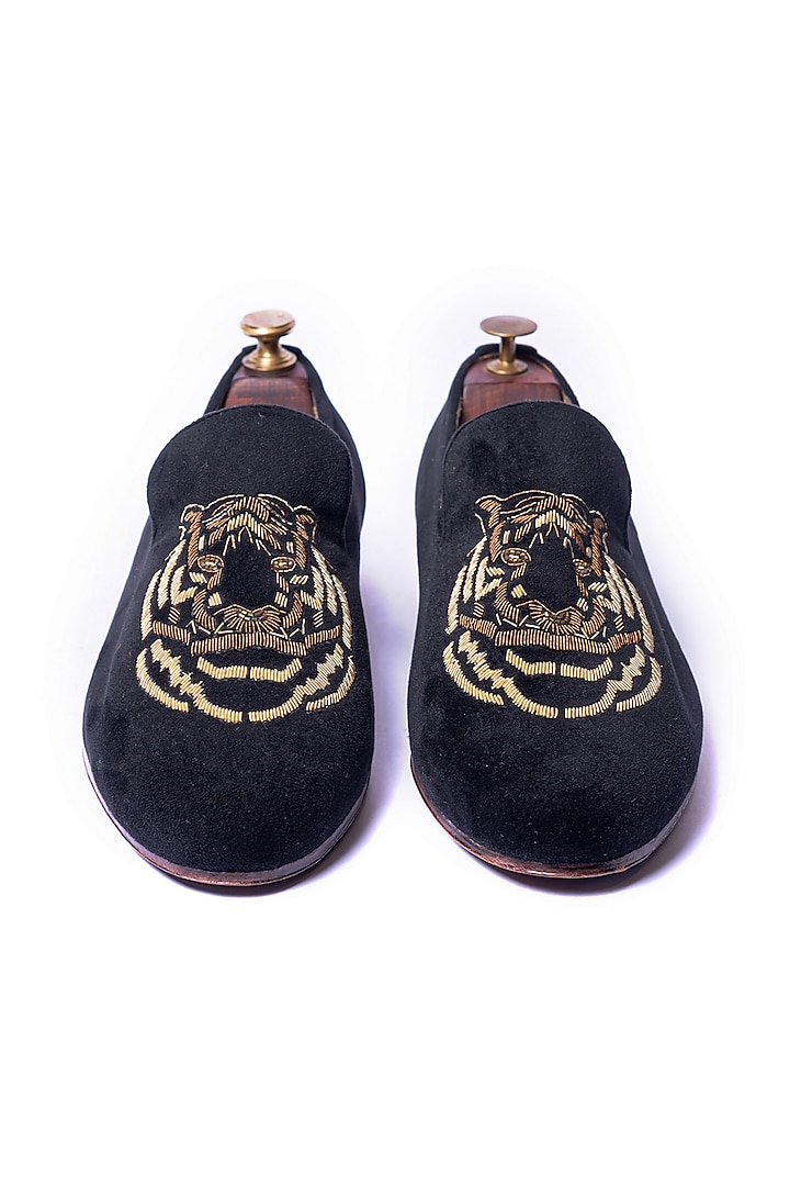 Black Velvet Embroidered Loafers by ARTIMEN