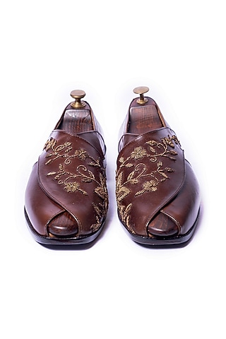 Burnt Tan Leather Thread Embroidered Peshwaris by ARTIMEN