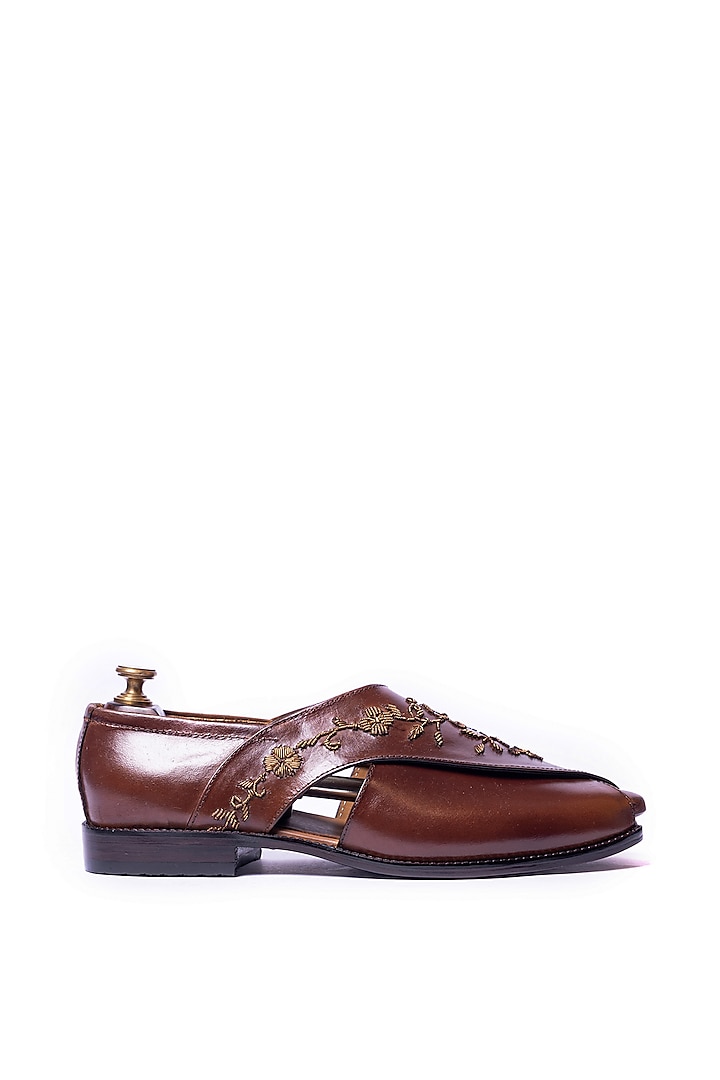 Burnt Tan Leather Thread Embroidered Peshwaris by ARTIMEN at Pernia's Pop Up Shop