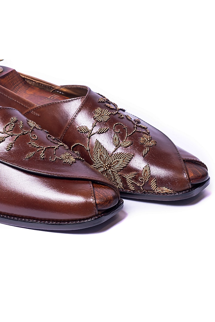 Burnt Tan Leather Thread Embroidered Peshwaris by ARTIMEN at Pernia's Pop Up Shop