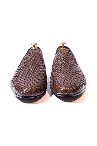 Brown Handwoven Leather Loafers by ARTIMEN