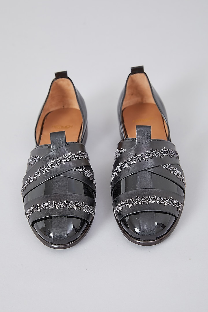 Grey Leather Hand Embroidered Shoes by ARTIMEN