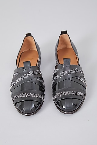 Grey Leather Hand Embroidered Shoes by ARTIMEN