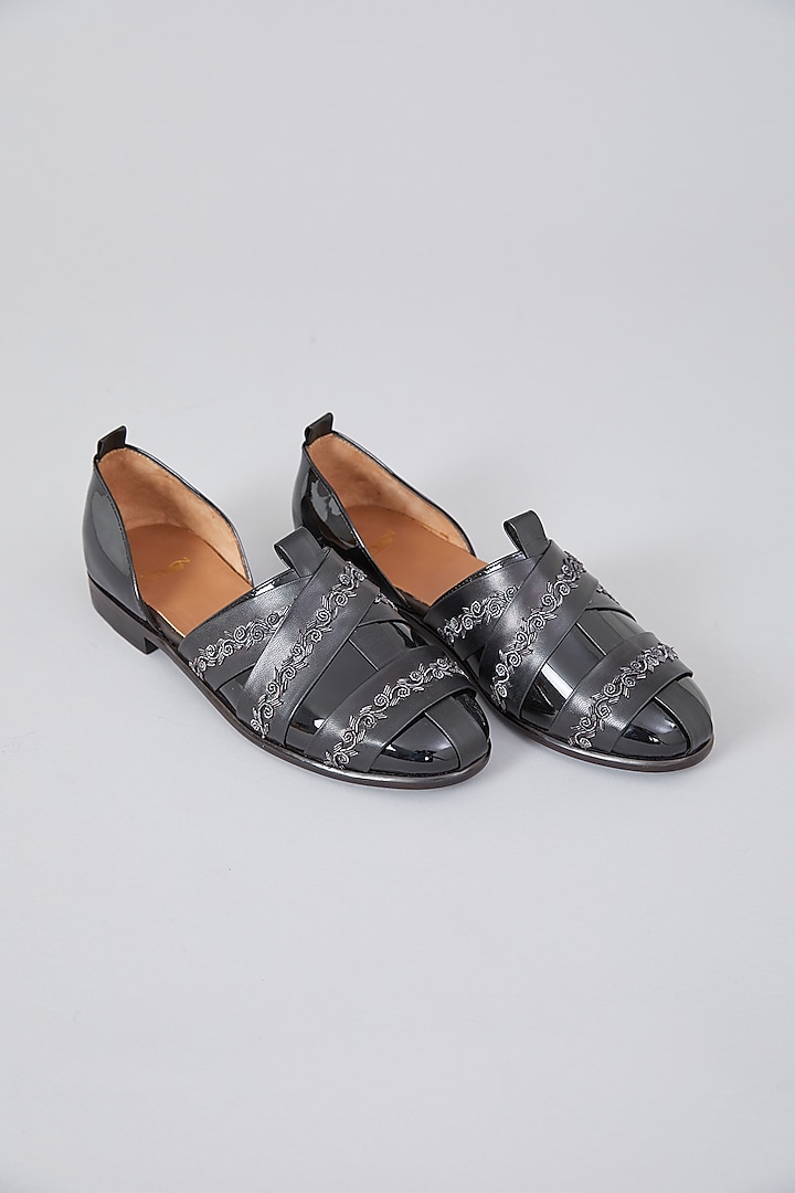 Grey Leather Hand Embroidered Shoes by ARTIMEN at Pernia's Pop Up Shop