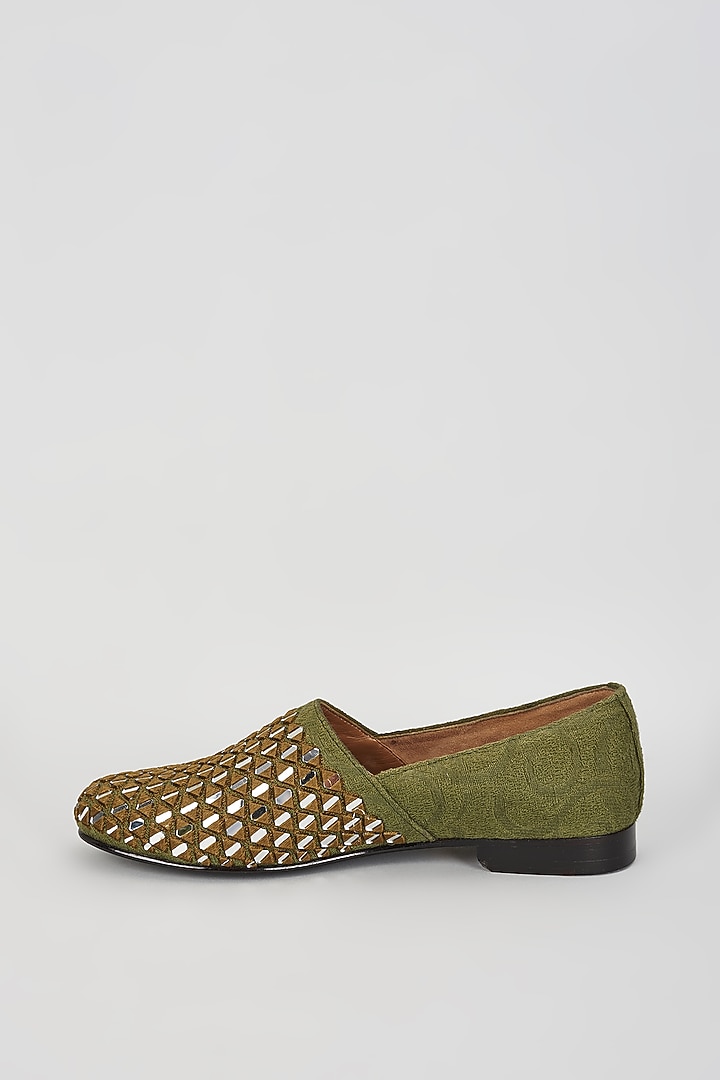 Brown & Green Jacquard Mirror Embroidered Juttis by ARTIMEN at Pernia's Pop Up Shop