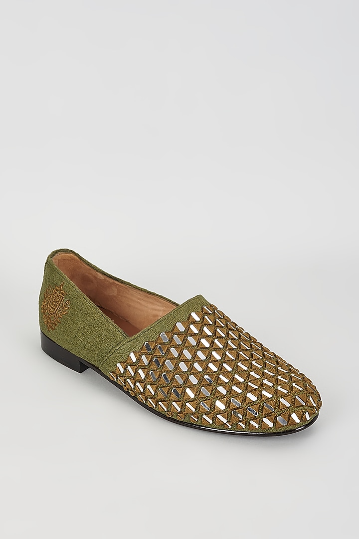 Brown & Green Jacquard Mirror Embroidered Juttis by ARTIMEN at Pernia's Pop Up Shop