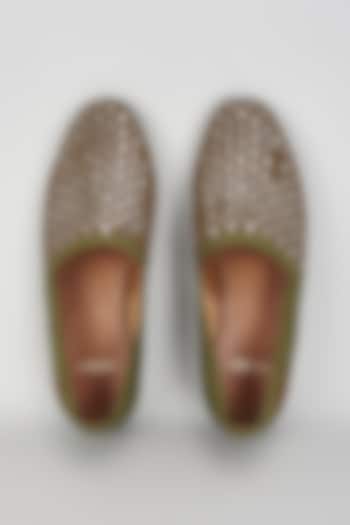 Brown & Green Jacquard Mirror Embroidered Juttis by ARTIMEN