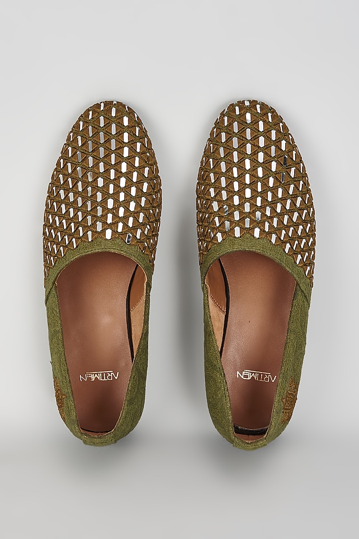 Brown & Green Jacquard Mirror Embroidered Juttis by ARTIMEN