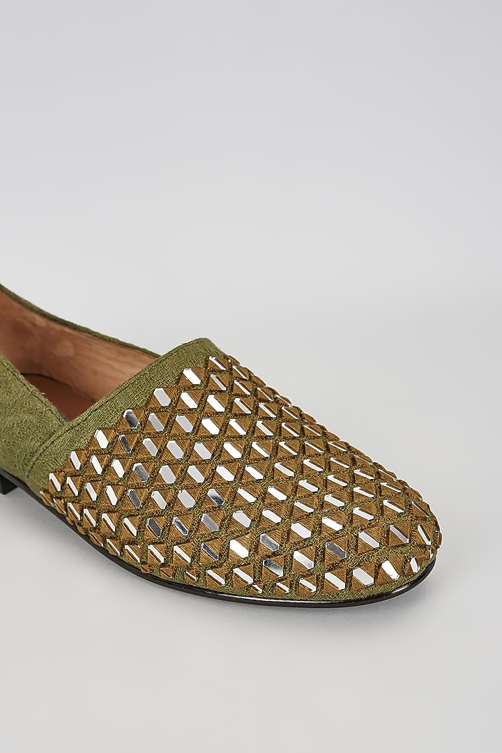 Brown & Green Jacquard Mirror Embroidered Juttis by ARTIMEN at Pernia's Pop Up Shop