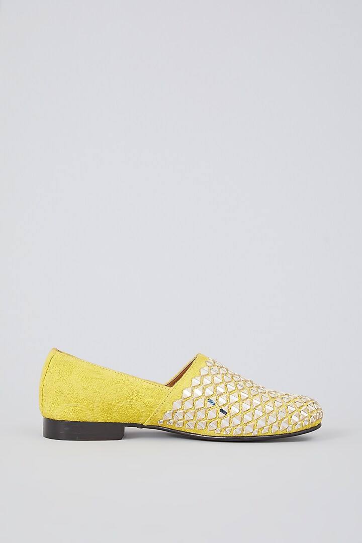 Yellow Leather Mirror Embroidered Espadrilles by ARTIMEN at Pernia's Pop Up Shop