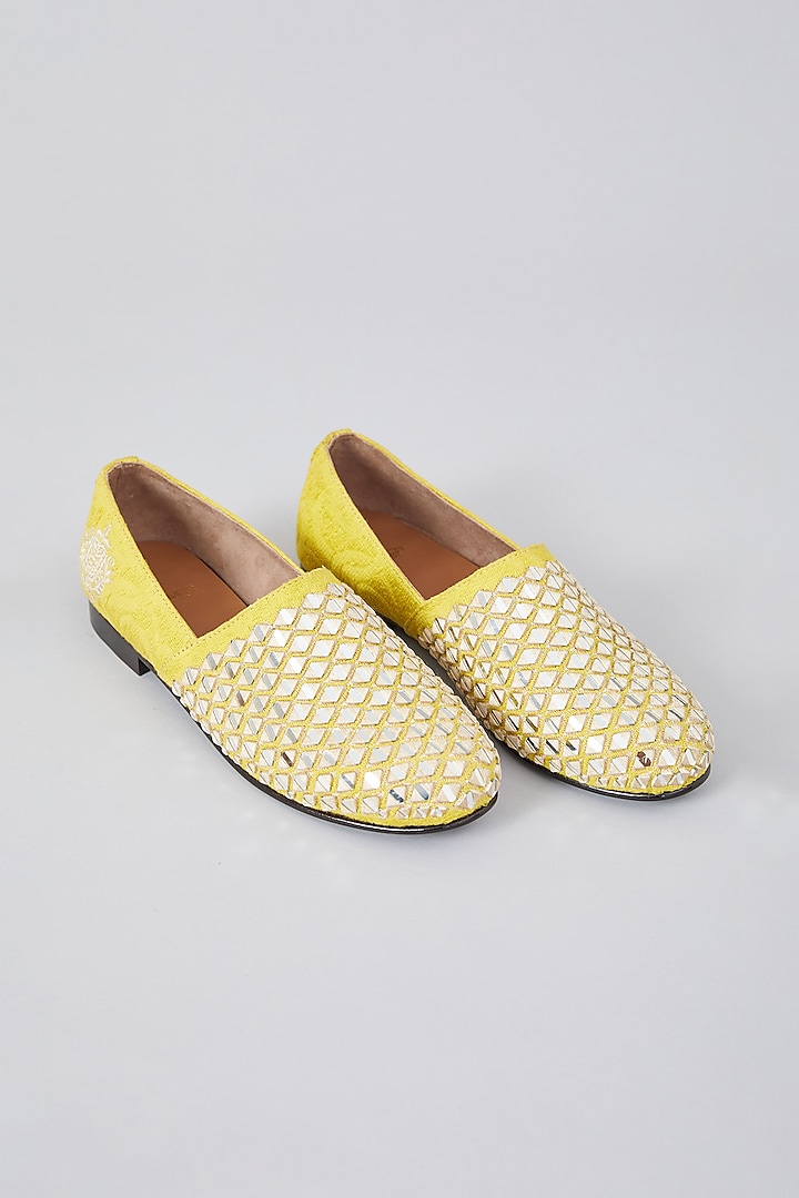 Yellow Leather Mirror Embroidered Espadrilles by ARTIMEN at Pernia's Pop Up Shop