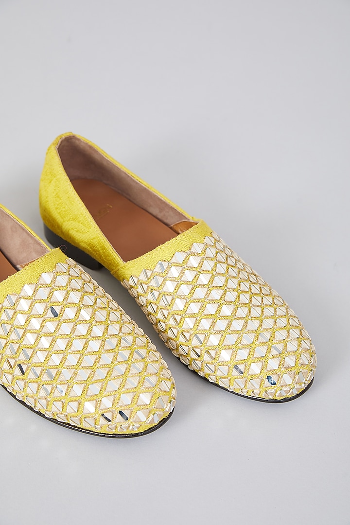 Yellow Leather Mirror Embroidered Espadrilles by ARTIMEN at Pernia's Pop Up Shop