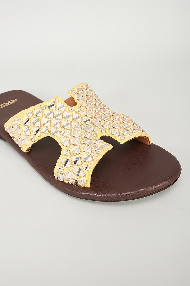 Yellow Jacquard Mirror Embroidered Slippers by ARTIMEN at Pernia's Pop Up Shop