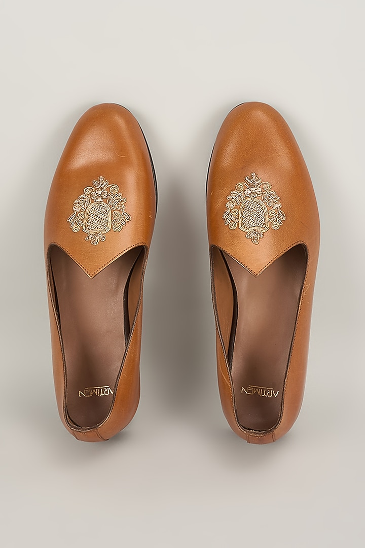 Tan Leather Mojaris by ARTIMEN at Pernia's Pop Up Shop