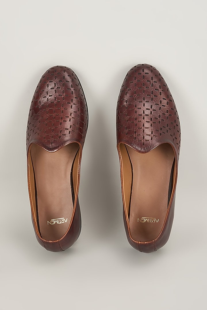 Brown Leather Mojaris by ARTIMEN at Pernia's Pop Up Shop