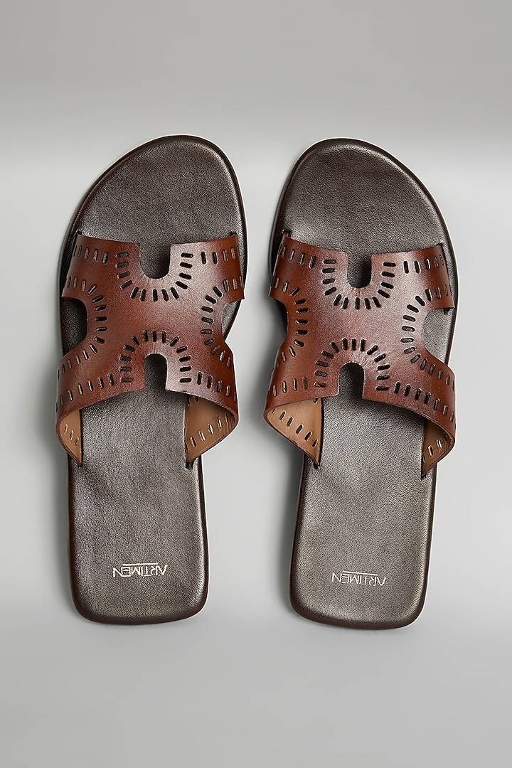 Tan Leather Slippers by ARTIMEN at Pernia's Pop Up Shop