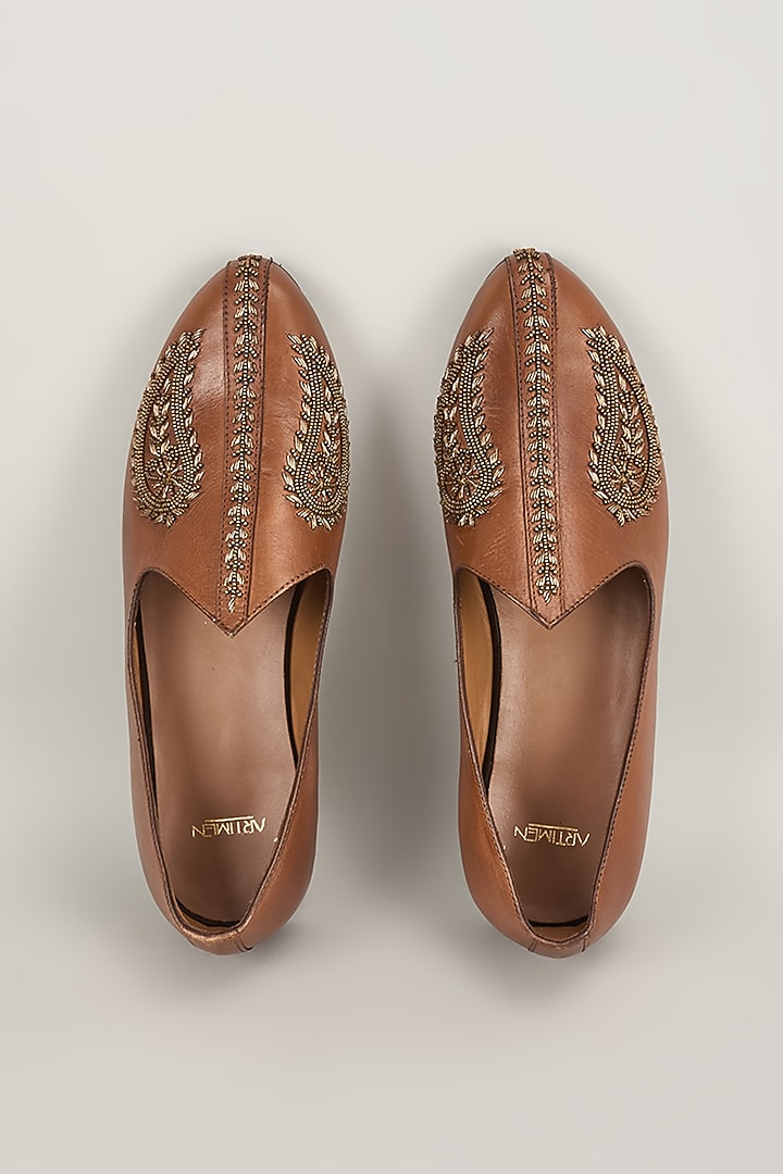 Brown Leather Mojaris by ARTIMEN at Pernia's Pop Up Shop