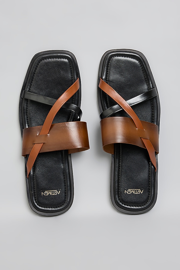 Tan & Black Leather Flats by ARTIMEN at Pernia's Pop Up Shop