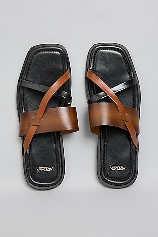 Tan & Black Leather Flats by ARTIMEN
