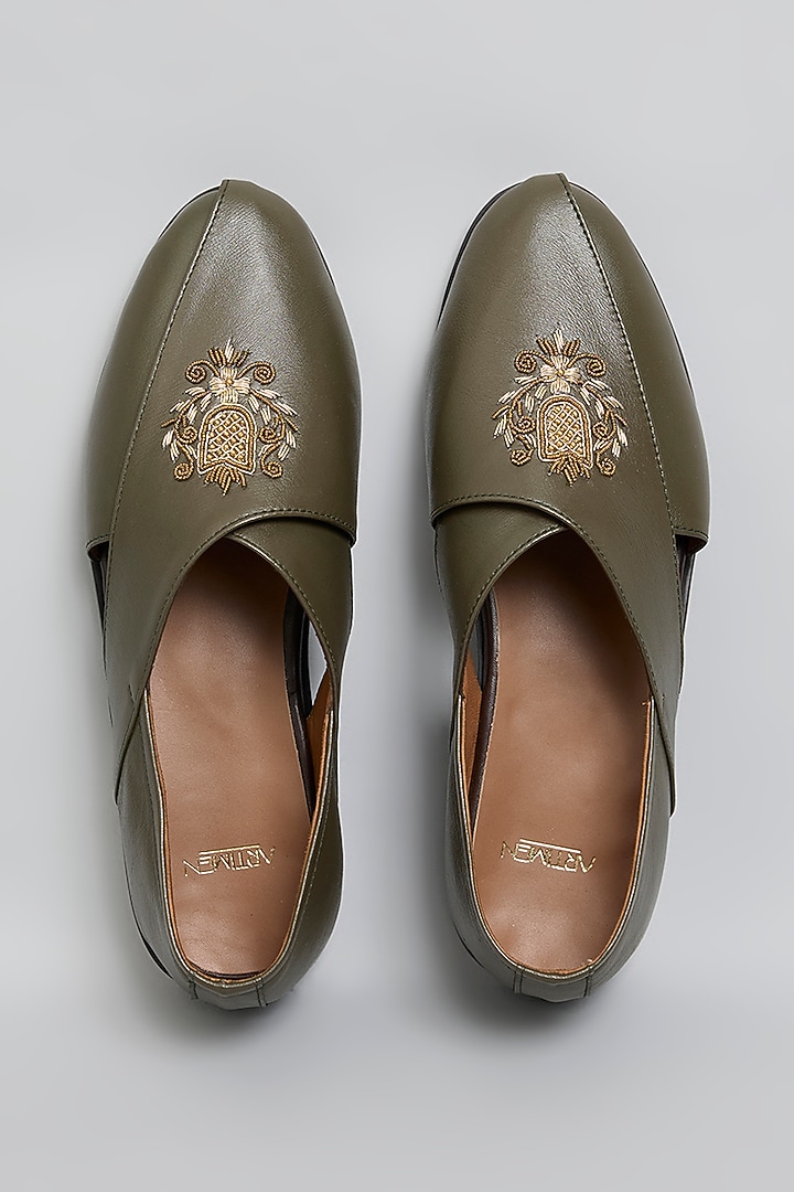 Green Leather Juttis by ARTIMEN at Pernia's Pop Up Shop