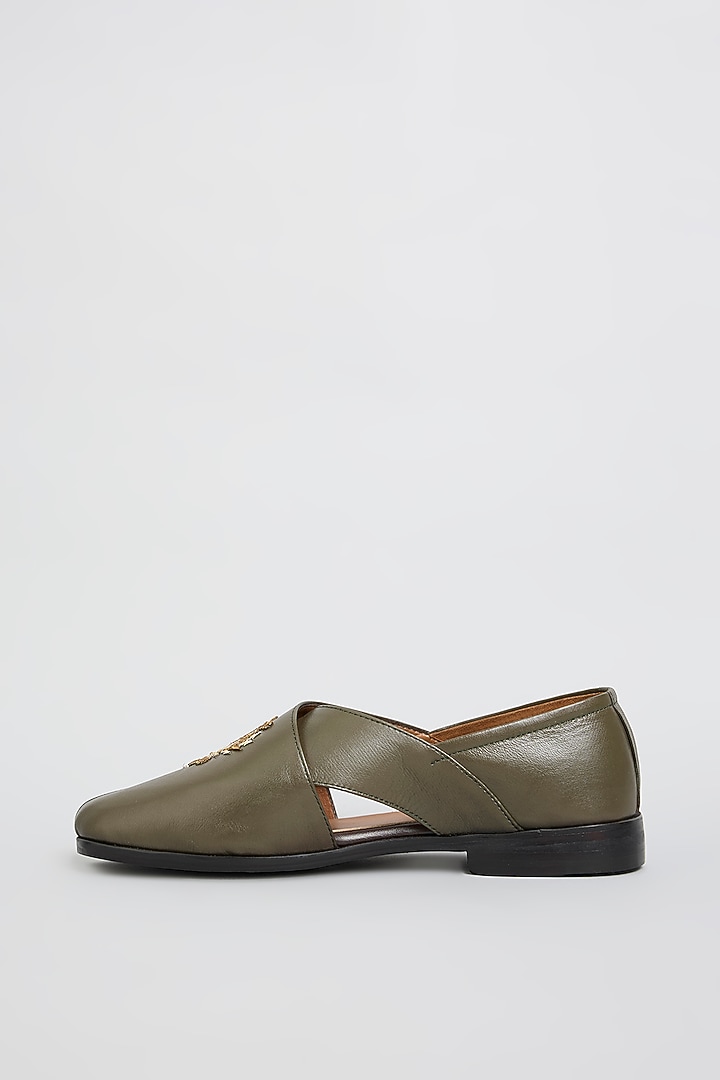 Green Leather Juttis by ARTIMEN at Pernia's Pop Up Shop