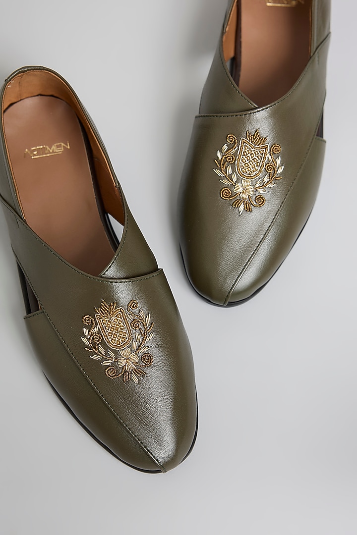 Green Leather Juttis by ARTIMEN at Pernia's Pop Up Shop