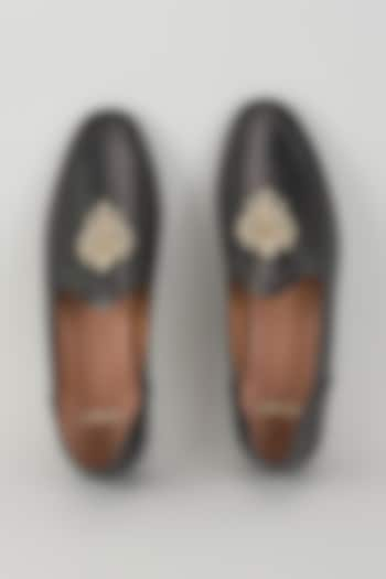 Black Leather Embroidered Handcrafted Loafers by ARTIMEN