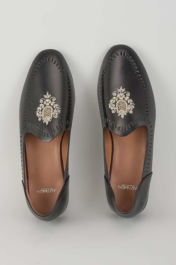 Black Leather Embroidered Handcrafted Loafers by ARTIMEN