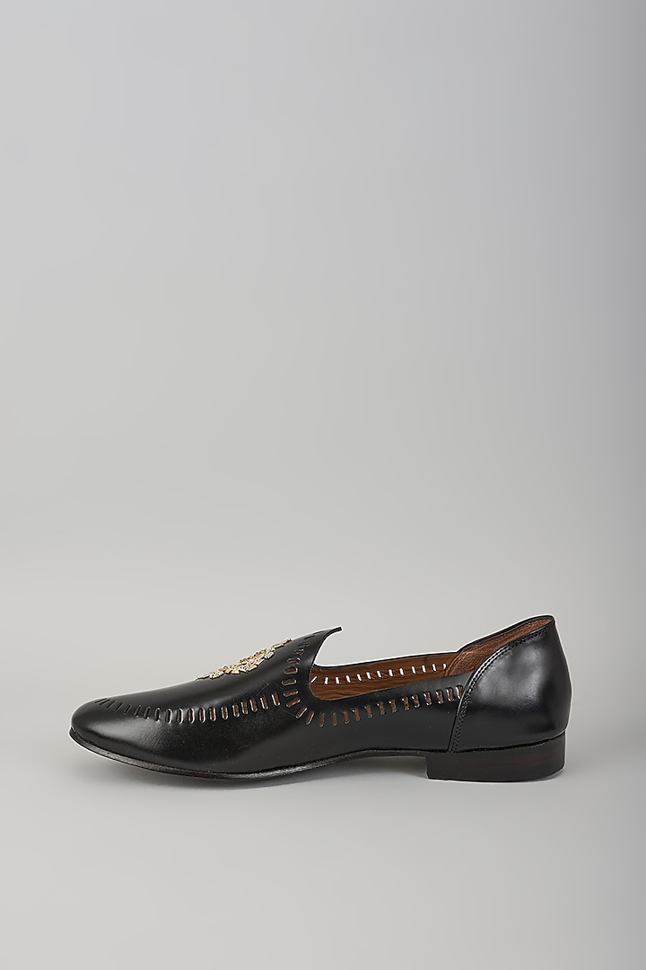 Black Leather Embroidered Handcrafted Loafers by ARTIMEN at Pernia's Pop Up Shop