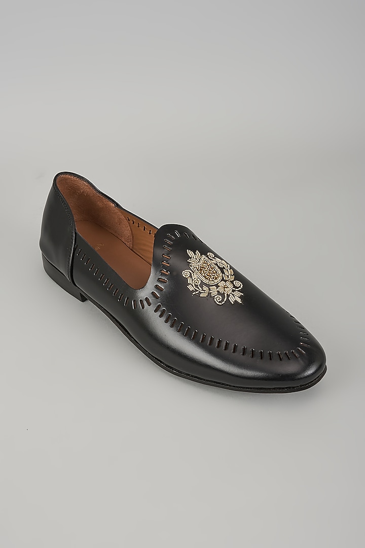 Black Leather Embroidered Handcrafted Loafers by ARTIMEN at Pernia's Pop Up Shop