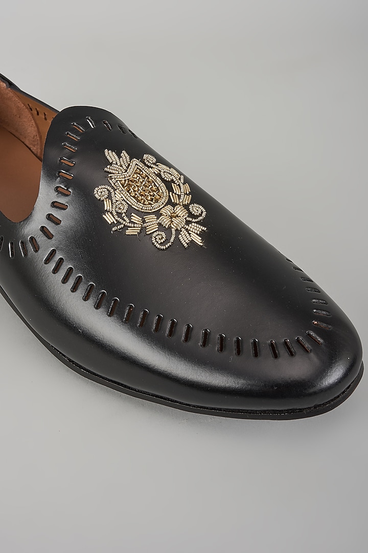 Black Leather Embroidered Handcrafted Loafers by ARTIMEN at Pernia's Pop Up Shop