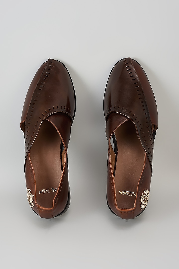 Brown Leather Embroidered Handcrafted Loafers by ARTIMEN